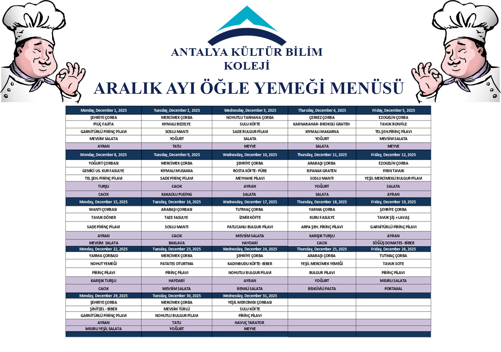 Aralık Ayı Öğle Yemeği Menüsü